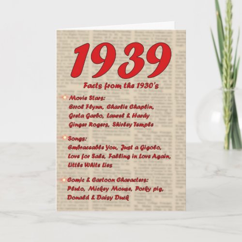 Happy Birthday 1939 Year of birth news 30s 30s Card