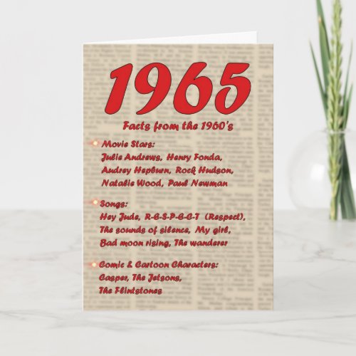 Happy Birthday 1965 Year of birth news 60s 60s Card