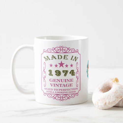 Happy Birthday 1974 Name Date Vintage Pink Coffee Mug