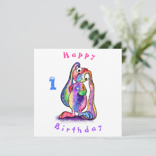 Happy Birthday 1 Card Colorful Bunny with Flower