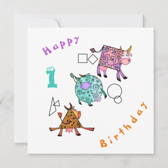 Happy Birthday 1 Card Colorful Geometric Cows (Front)