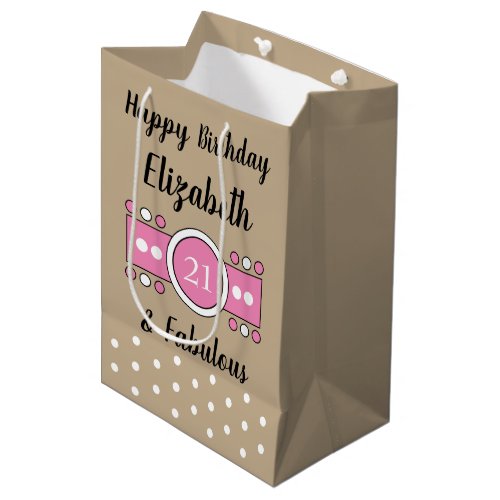 Happy Birthday 21 and fabulous brown pink Medium Gift Bag