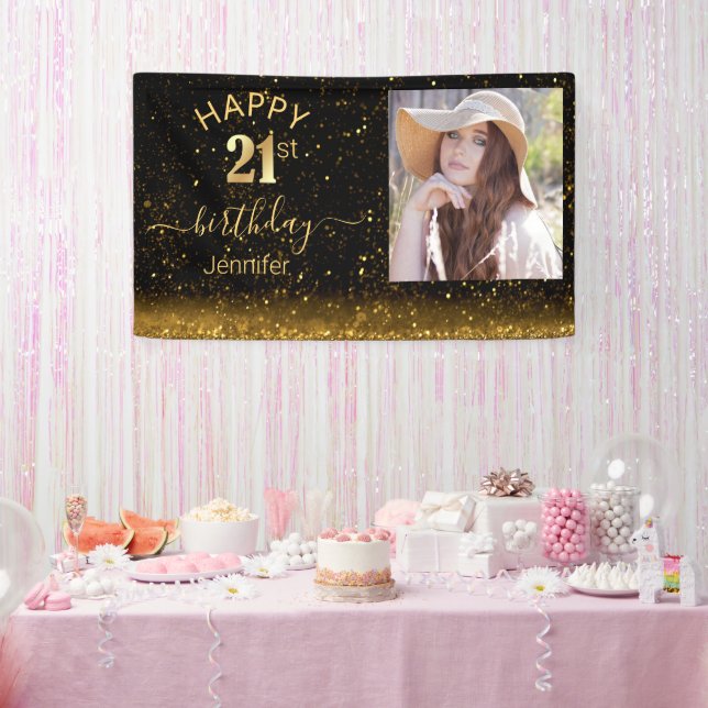 happy birthday 21 gold black glitters photo chic banner (Party)
