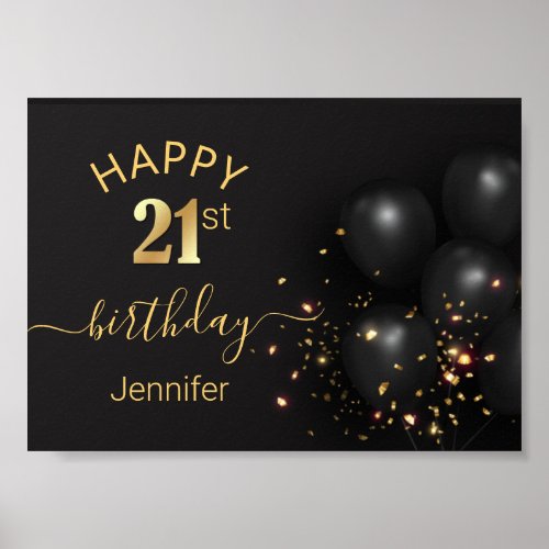 happy birthday 21 golden black balloons confetti  poster