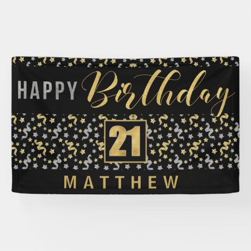 Happy Birthday 21 with Name Black and Gold Banner