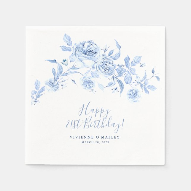 Happy Birthday 21st Blue Rose Floral Custom Napkins (Front)