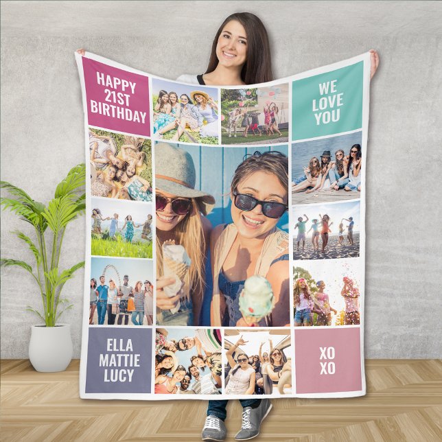 Happy Birthday 21st Photo Collage Fleece Blanket (Creator Uploaded)