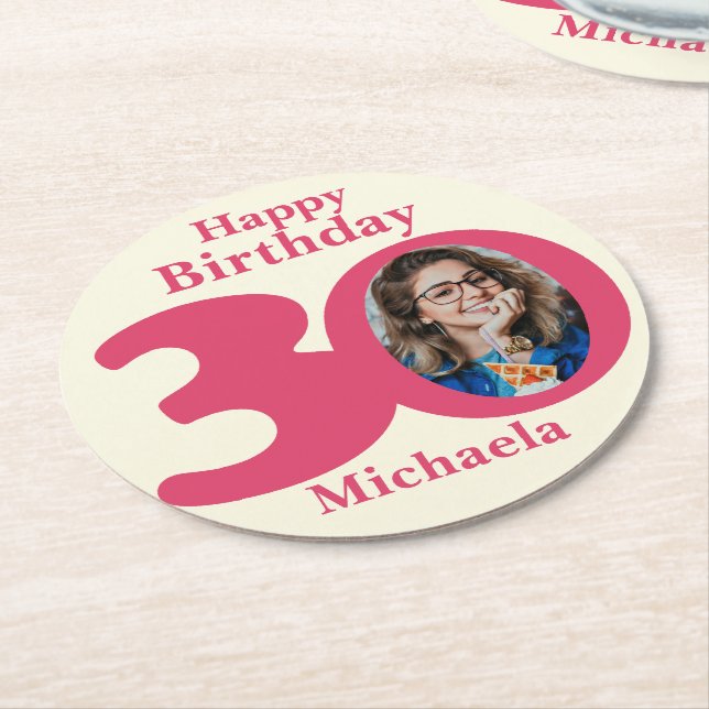 Happy birthday 30 name and photo paper coasters (Angled)