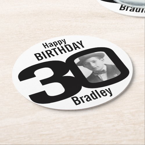 Happy birthday 30 name and photo paper coasters