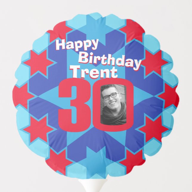 Happy birthday 30 red stars custom name and photo balloon (Back)