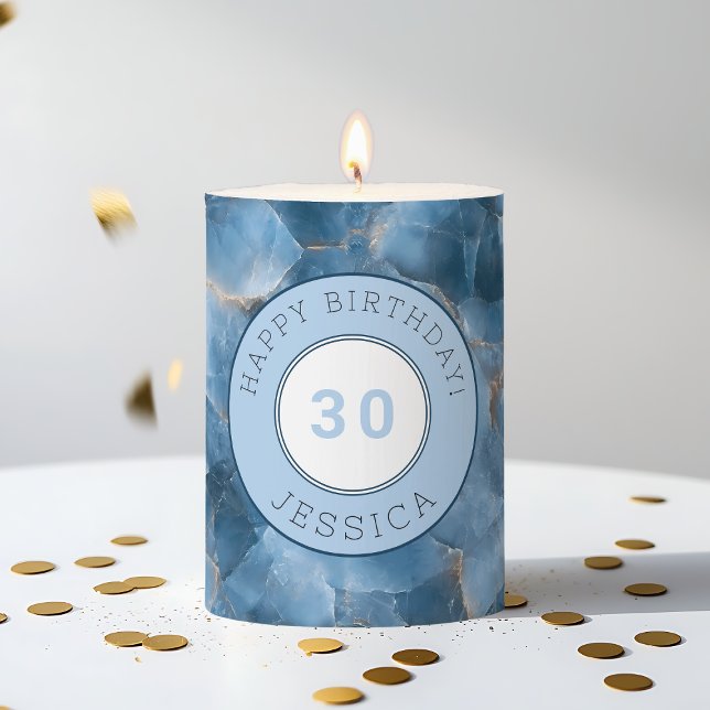 Happy Birthday 30th Dark Blue Gemstone Custom Name Pillar Candle (Happy Birthday 30th Dark Blue Gemstone Custom Name Pillar Candle)