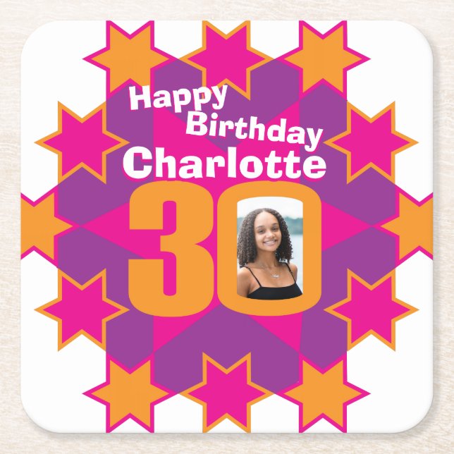 Happy birthday 30th name and photo paper coasters (Front)