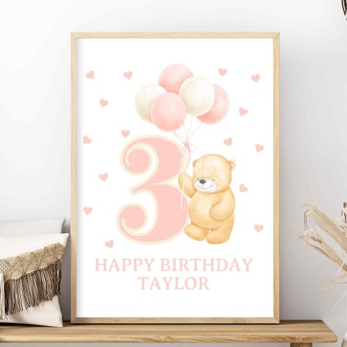 Happy Birthday 3 year old Girl Pink Balloon custom Poster