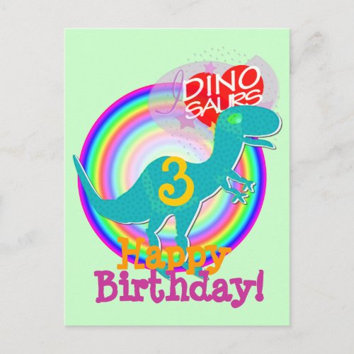 Happy Birthday 3 Years Blue Dino T_Rex Postcard
