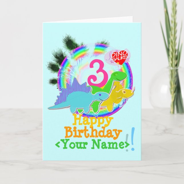 Happy Birthday 3 Years, Your Name Dino Card (Front)