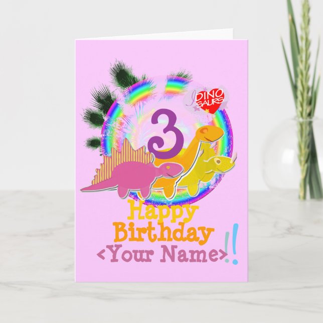 Happy Birthday 3 Years, Your Name Dinosaur Card (Front)