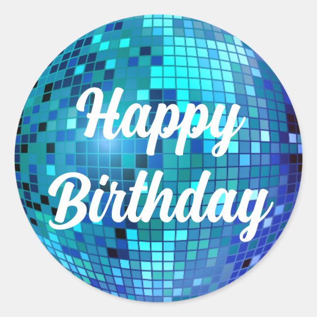 happy birthday 3d blue disco ball classic round sticker (Front)