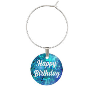 happy birthday 3d blue disco ball party  wine charm
