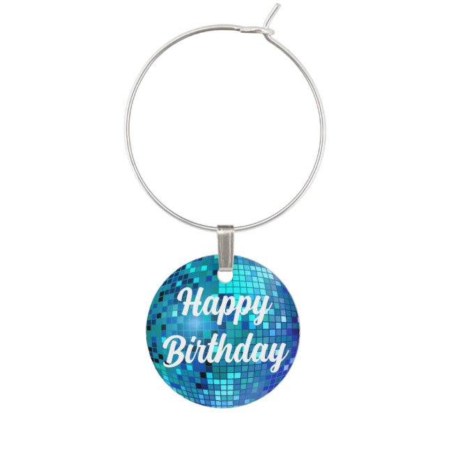 happy birthday 3d blue disco ball party  wine charm (Front)