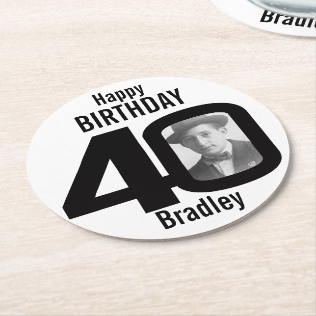 Happy birthday 40 name and photo paper coasters (Angled)