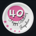 Happy Birthday 40th Pink Custom Name Paper Plates<br><div class="desc">Show what a big fan you are of the 40 year old at the 40th Birthday party with these unique Birthday themed Party Plates. The accent color is pink and adorned with a modern number 40 on the circle in black and white. The Age can be edited with the simple...</div>