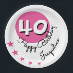 Happy Birthday 40th Pink Custom Name Paper Plates<br><div class="desc">Show what a big fan you are of the 40 year old at the 40th Birthday party with these unique Birthday themed Party Plates. The accent color is pink and adorned with a modern number 40 on the circle in black and white. The Age can be edited with the simple...</div>