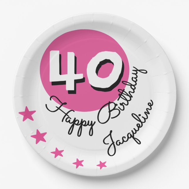 Happy Birthday 40th Pink Custom Name Paper Plates (Front)