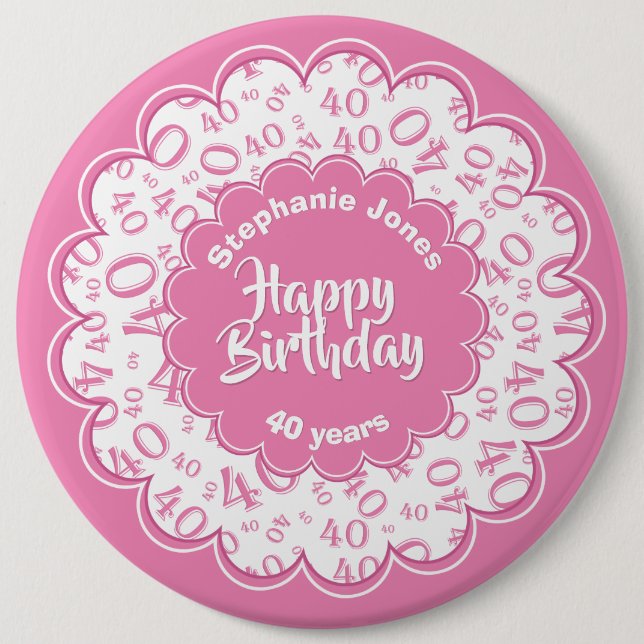 Happy Birthday, 40th Pink/White Number Pattern Button (Front)