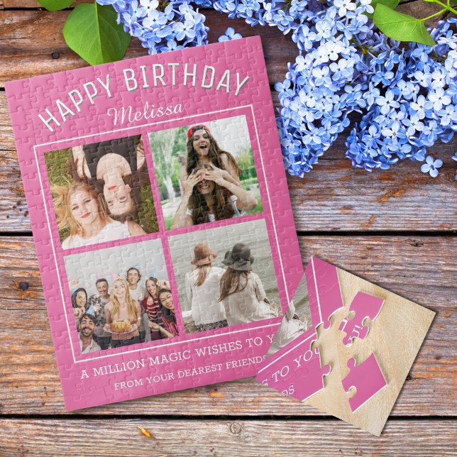 Happy Birthday 4 Photo Collage Best Friend Pink Jigsaw Puzzle (Creator Uploaded)
