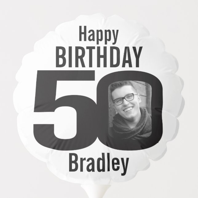 Happy birthday 50 custom name photo black white balloon (Back)