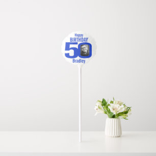 Happy birthday 50 custom name photo blue white balloon