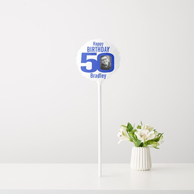 Happy birthday 50 custom name photo blue white balloon (In Situ)