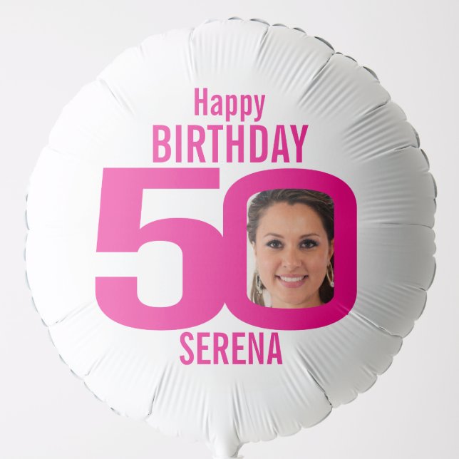 Happy birthday 50 custom name photo pink white balloon (Front)