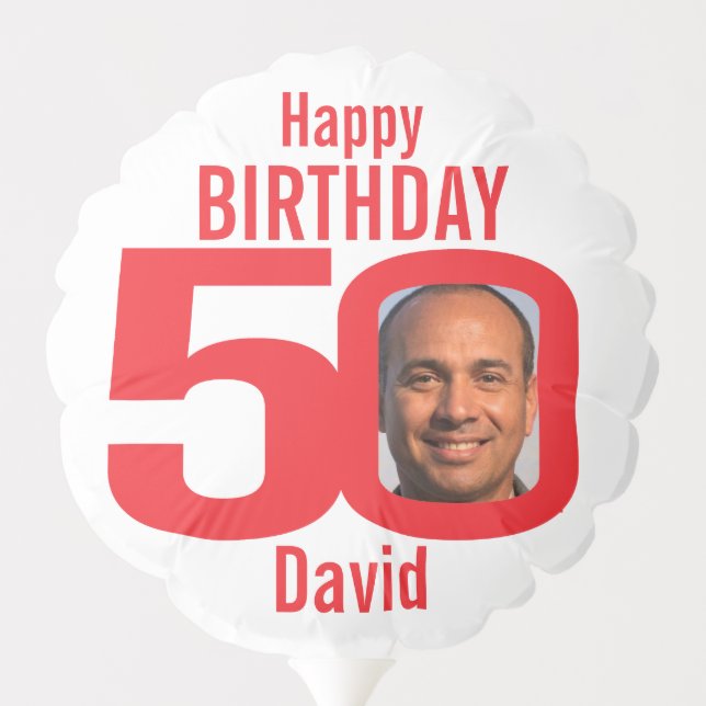 Happy birthday 50 custom name photo red white balloon (Back)