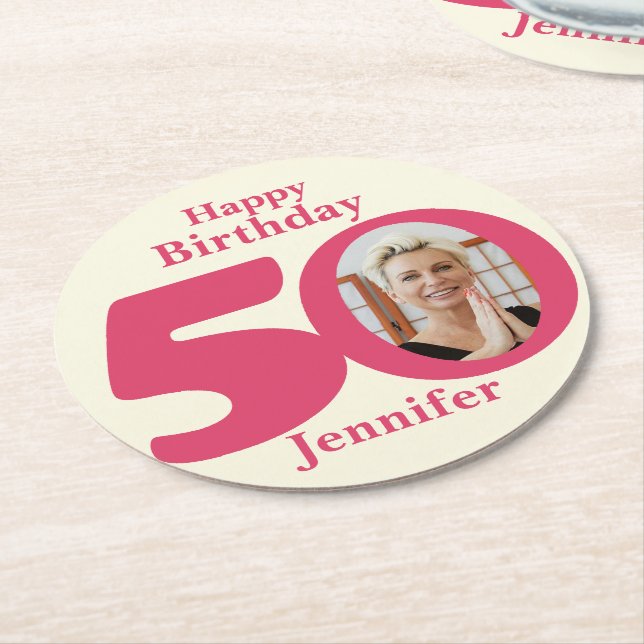 Happy birthday 50 name and photo paper coasters (Angled)