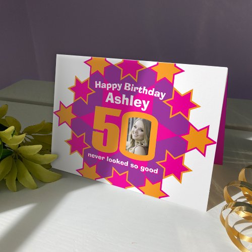 Happy birthday 50 pink stars custom name and photo card