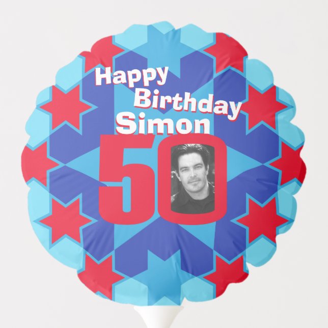 Happy birthday 50 red stars custom name and photo balloon (Back)