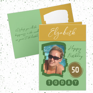 Happy birthday 50 today add photo green gold card