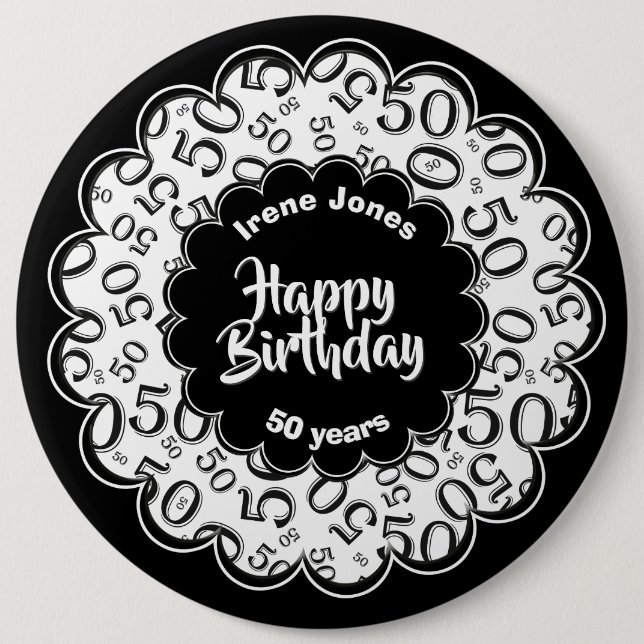 Happy Birthday, 50th Black/White Number Pattern Button (Front)