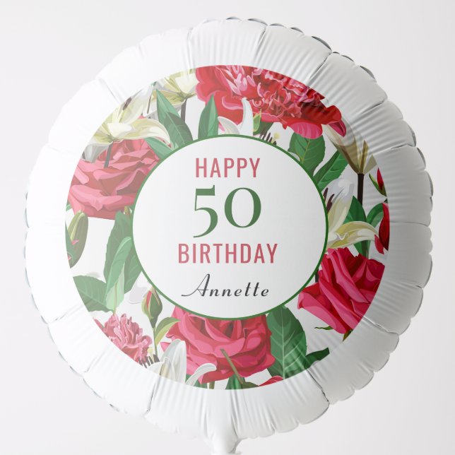 Happy Birthday 50th Floral Watercolor Custom Balloon (Front)