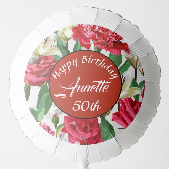 Happy Birthday 50th Floral Watercolor Personalize Balloon (Front)