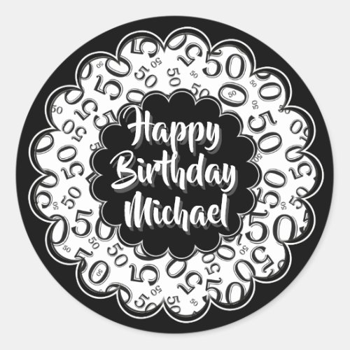 Happy Birthday 50th Number Pattern Black and White Classic Round Sticker