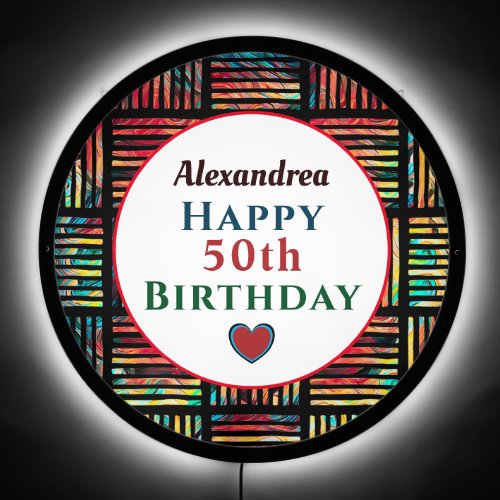 Happy Birthday 50th Stripes Watercolor  LED Sign