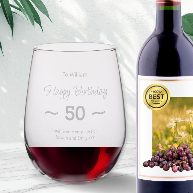 Happy Birthday 50th Stylish Typography Elegant 50 Stemless Wine Glass (A personalized stemless wine glass for a 50th birthday, with Happy Birthday in script typography)