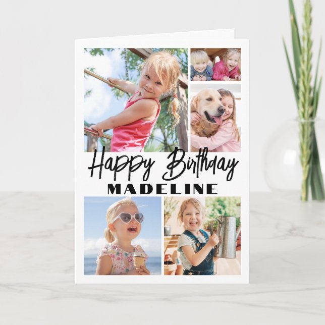 Happy Birthday 5 Photo Collage Elegant Minimalist Card (Front)