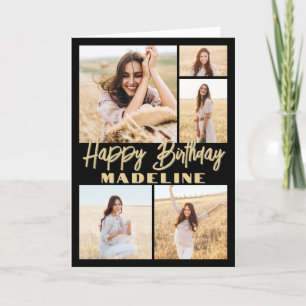 Happy Birthday 5 Photo Collage Modern Black & Gold Card