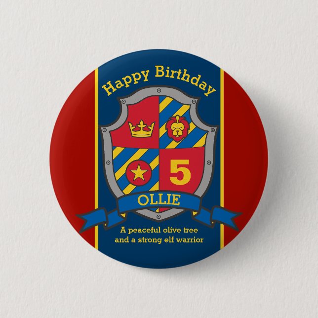 Happy Birthday 5th red blue knights shield age pin (Front)