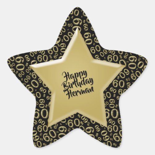 Happy Birthday 60 Number Pattern Gold and Black Star Sticker