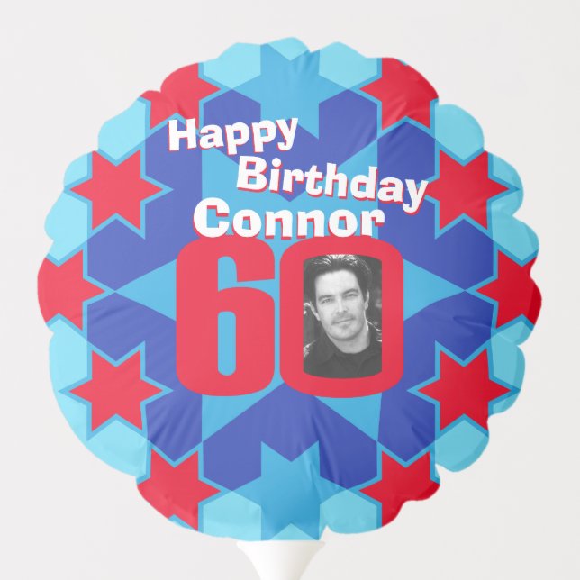 Happy birthday 60 red stars custom name and photo balloon (Back)