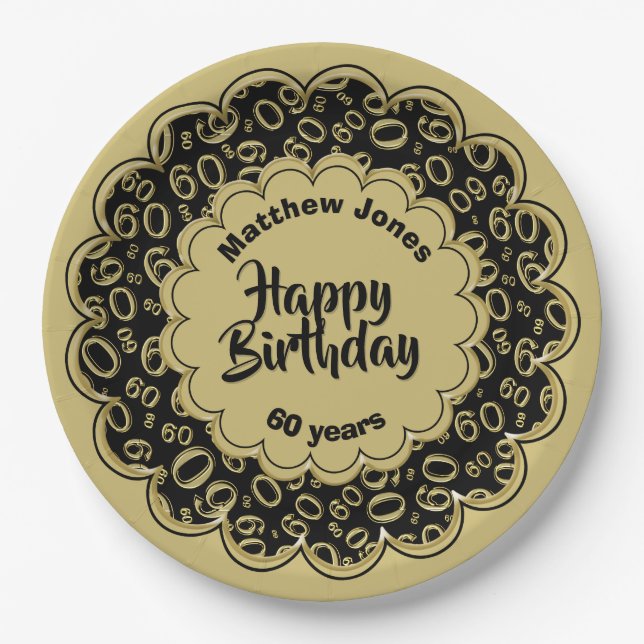 Happy Birthday 60th Black/Gold Number Pattern Paper Plates (Front)